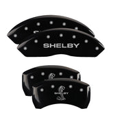 10-14 Ford Mustang MGP 10198SSBYBK 4 Caliper Covers Engraved Front Shelby Engraved Rear Tiffany Snake Black Finish Silver Character