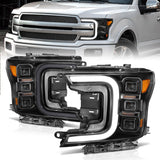 18-20 Ford F-150 ANZO 111520 Full LED Projector Smoked C-Bar Headlights - Black Clear Lens w/ Sequential Signal (Factory Halogen Model)